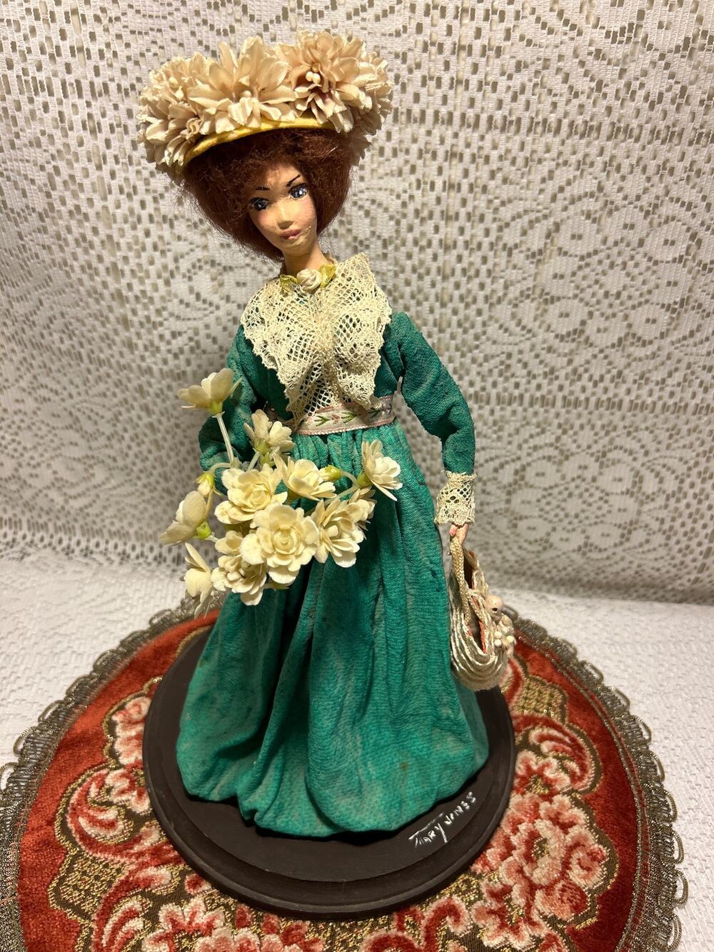 Victorian Lady Doll Figurine Paper Mâché, Signed Mary Jones, 13’ inches Tall